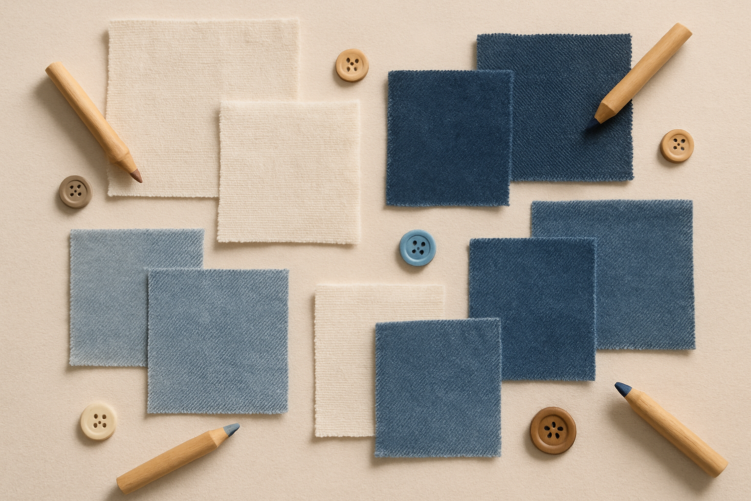 this is too bright, plain linen, denim swatches on a beige background, with crayons and few butoons